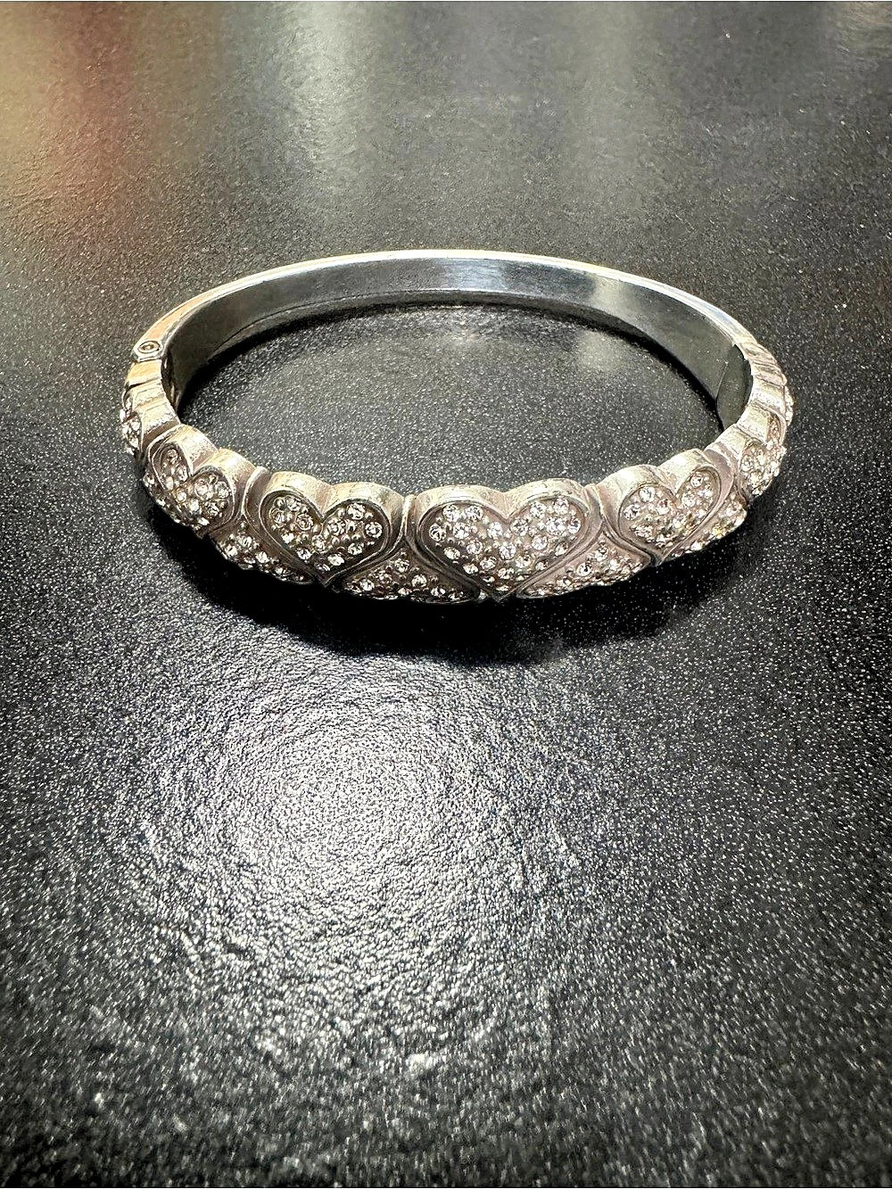 Brighton Silver Tone Pavé Crystal Heart Hinged Bangle Bracelet